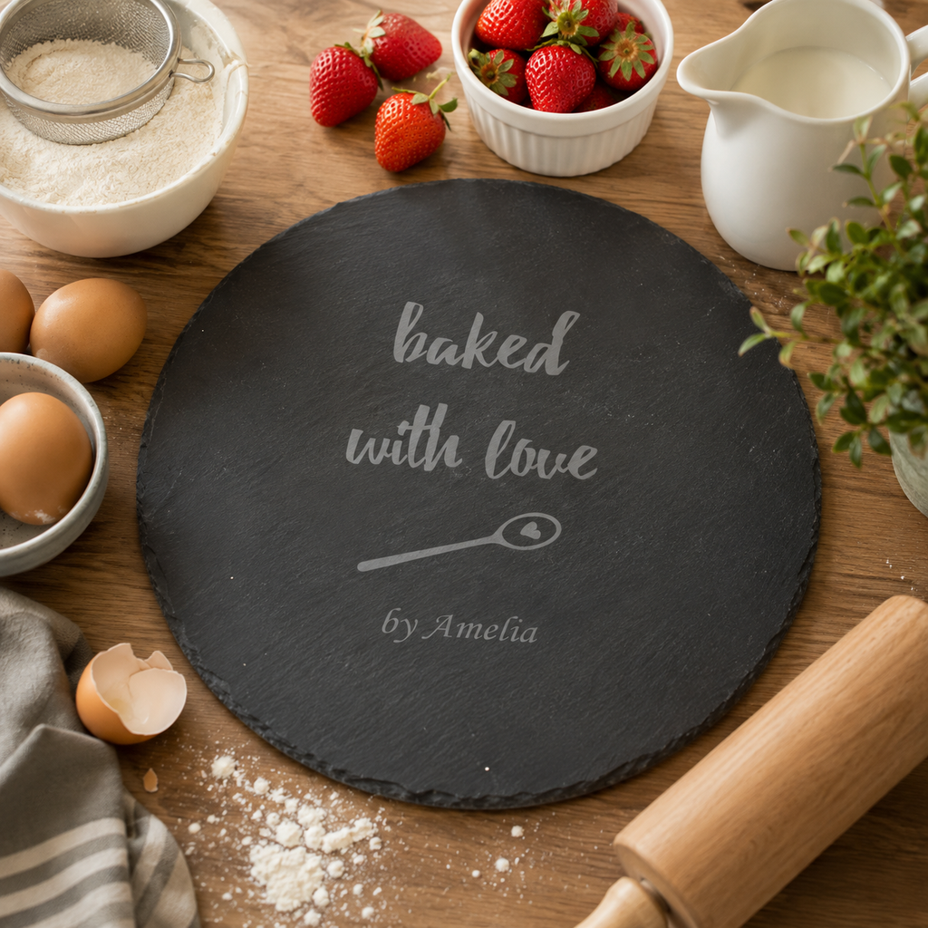 Personalised round slate cake plate with engraved wording and spoon detail in a kitchen setting.
