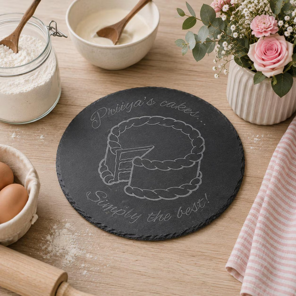 Personalised round slate kitchen board featuring an engraved burger design and custom wording.