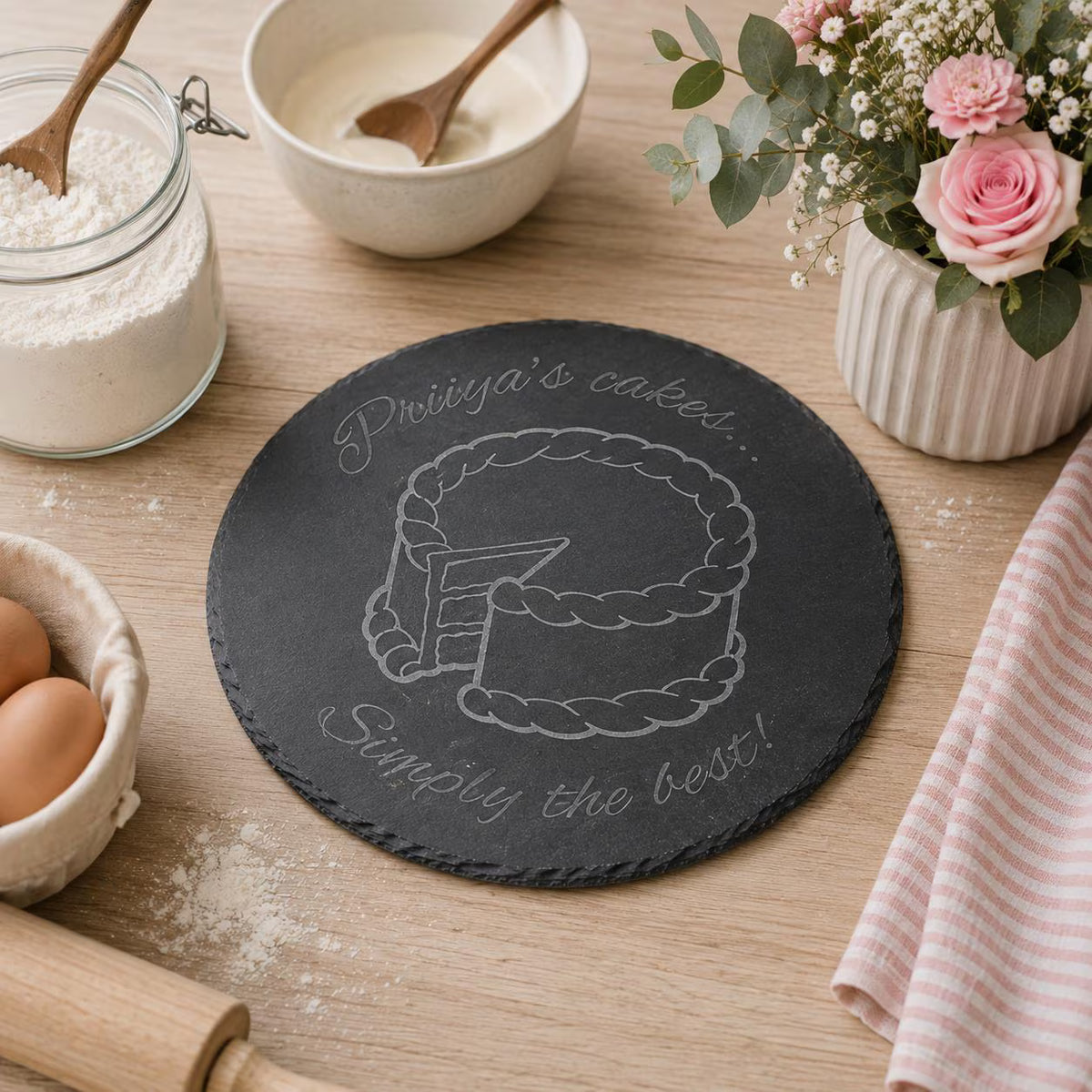 Personalised round slate kitchen board featuring an engraved burger design and custom wording.