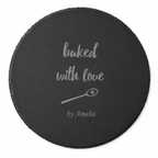 Personalised slate cake plate with “Baked with Love” design, ideal as a thoughtful gift for someone who loves baking.