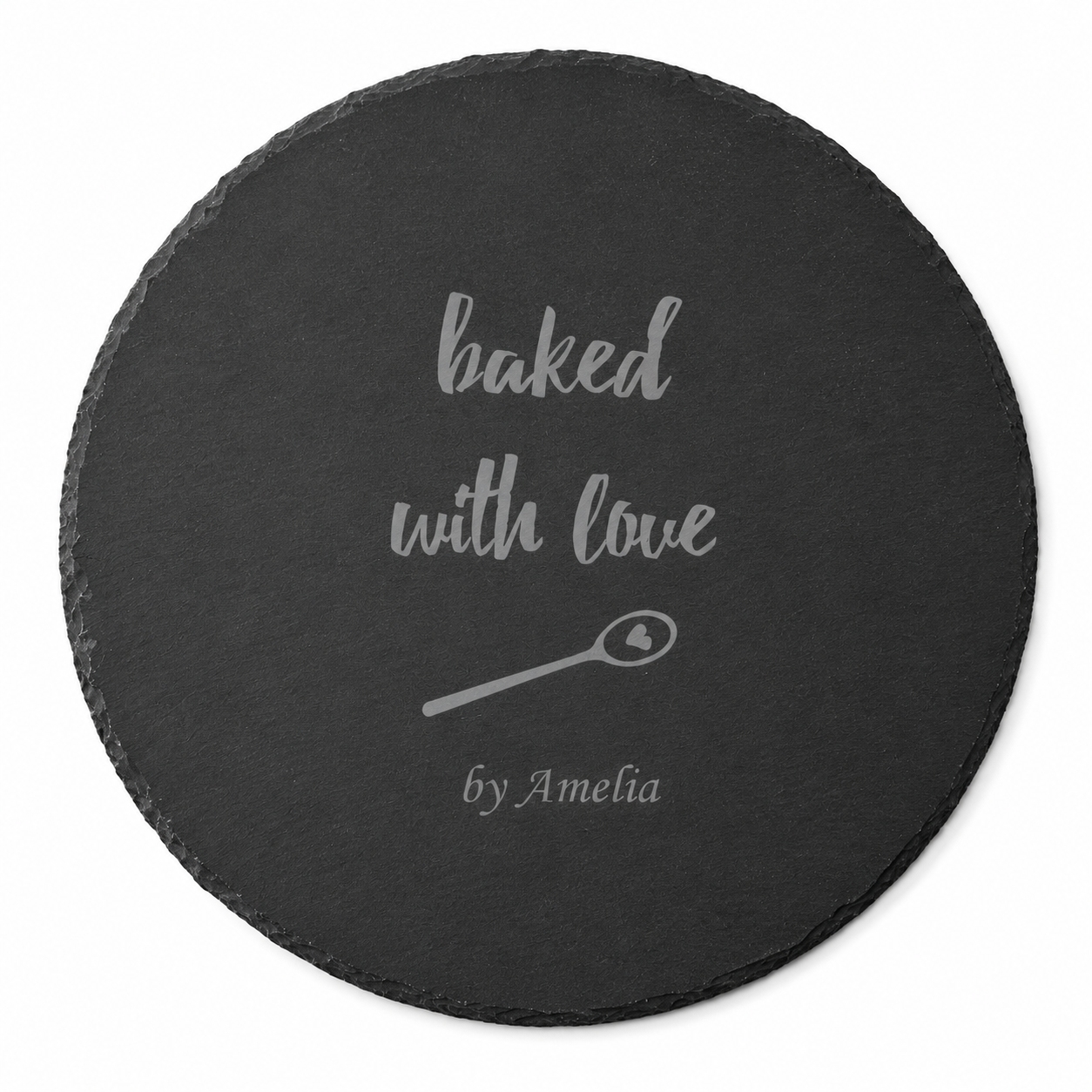 Personalised slate cake plate with “Baked with Love” design, ideal as a thoughtful gift for someone who loves baking.
