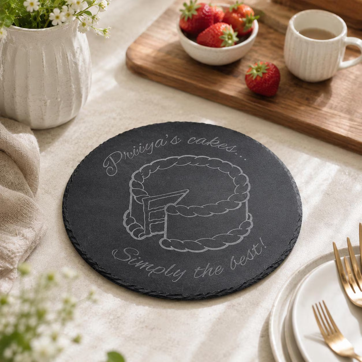 Personalised slate kitchen board with a burger illustration, styled amongst cooking utensils.
