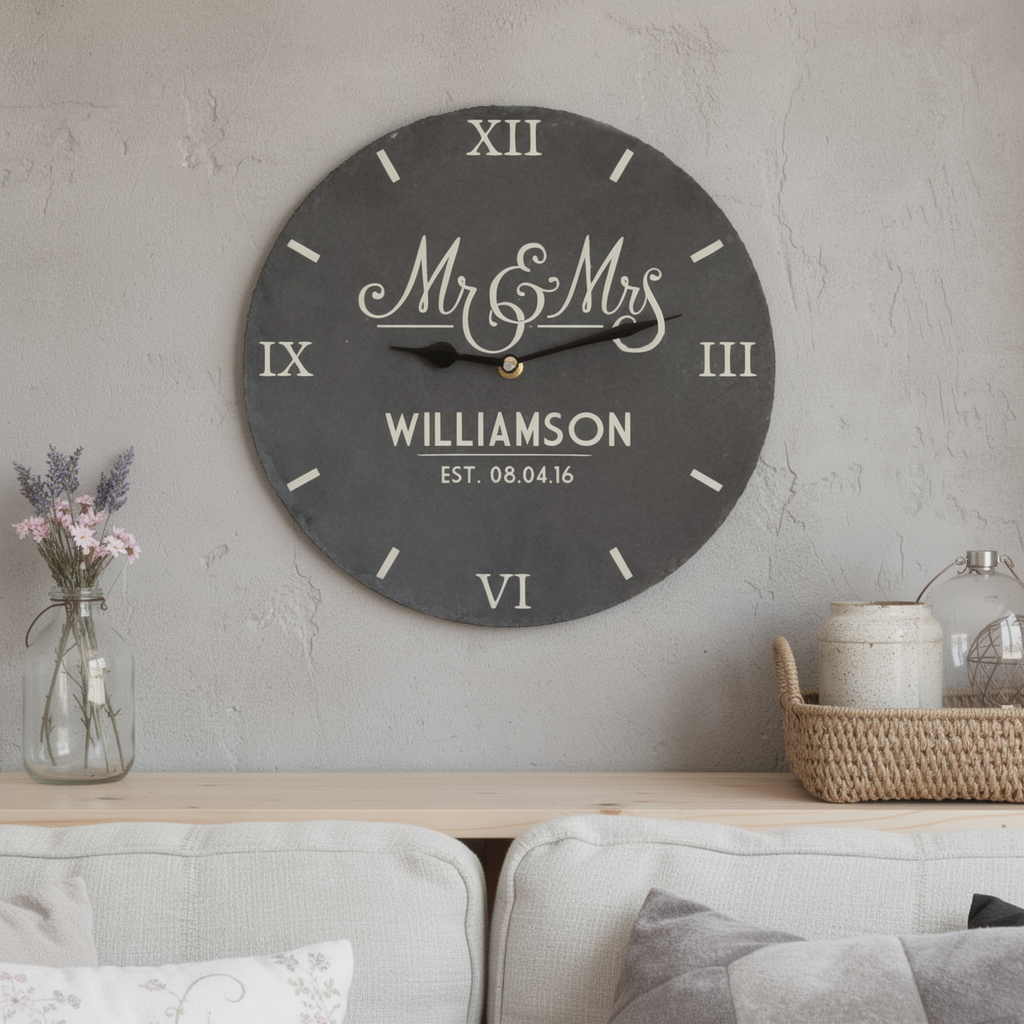 Decorative wall clock with 'Mr & Mrs Williamson' on a gray wall above a sofa.