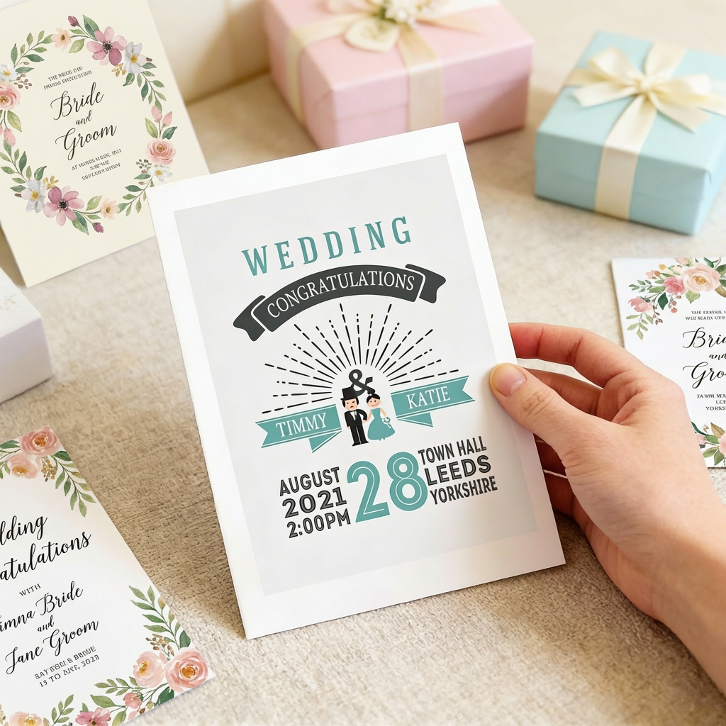 Hand holding a wedding invitation card with details on a table with gift boxes.