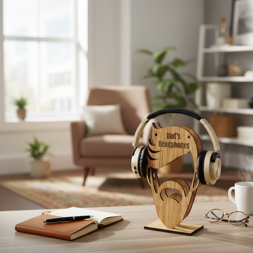 Wooden headphone stand with 'Dad's Headphones' design on a table in a living room.