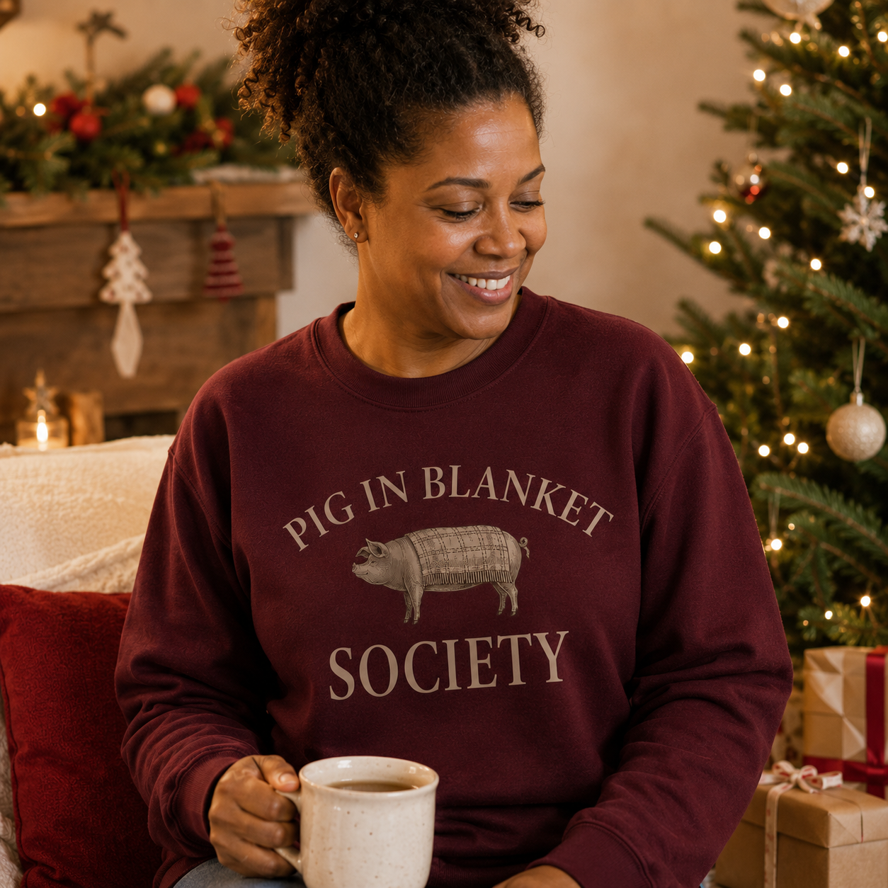 Pig In Blanket Society Novelty Christmas Jumper, Burgundy