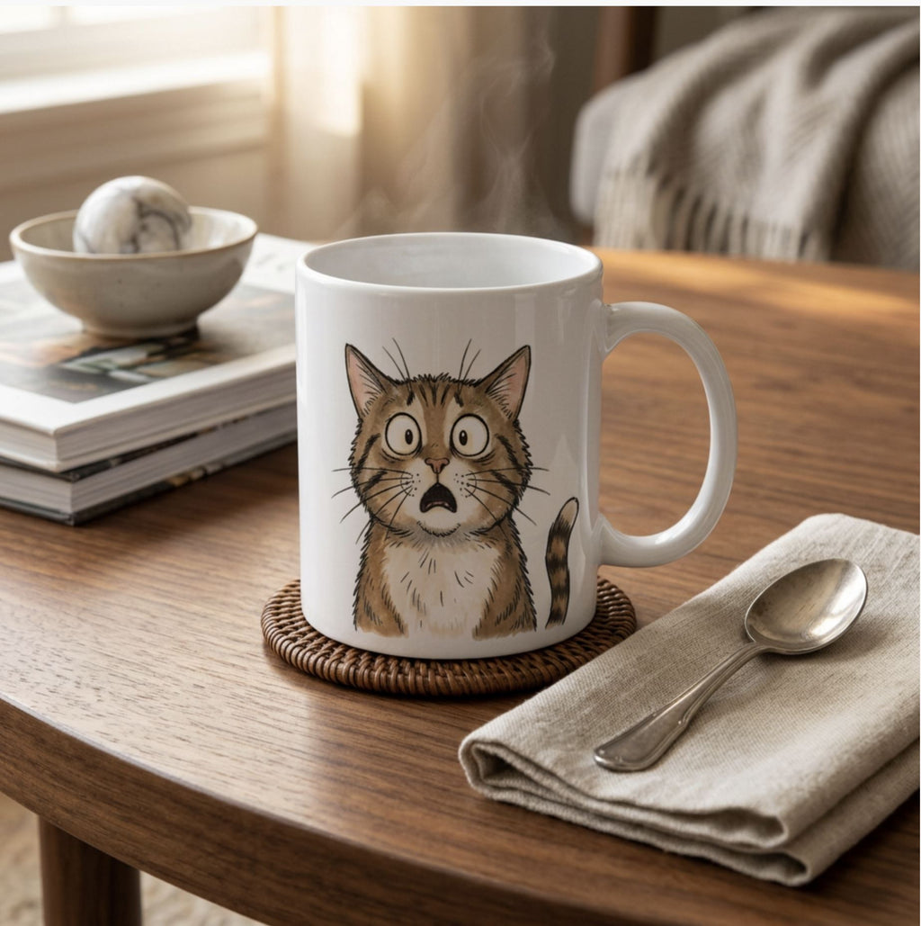 White Frightened Feline mug on a wooden table with a folded napkin and spoon.