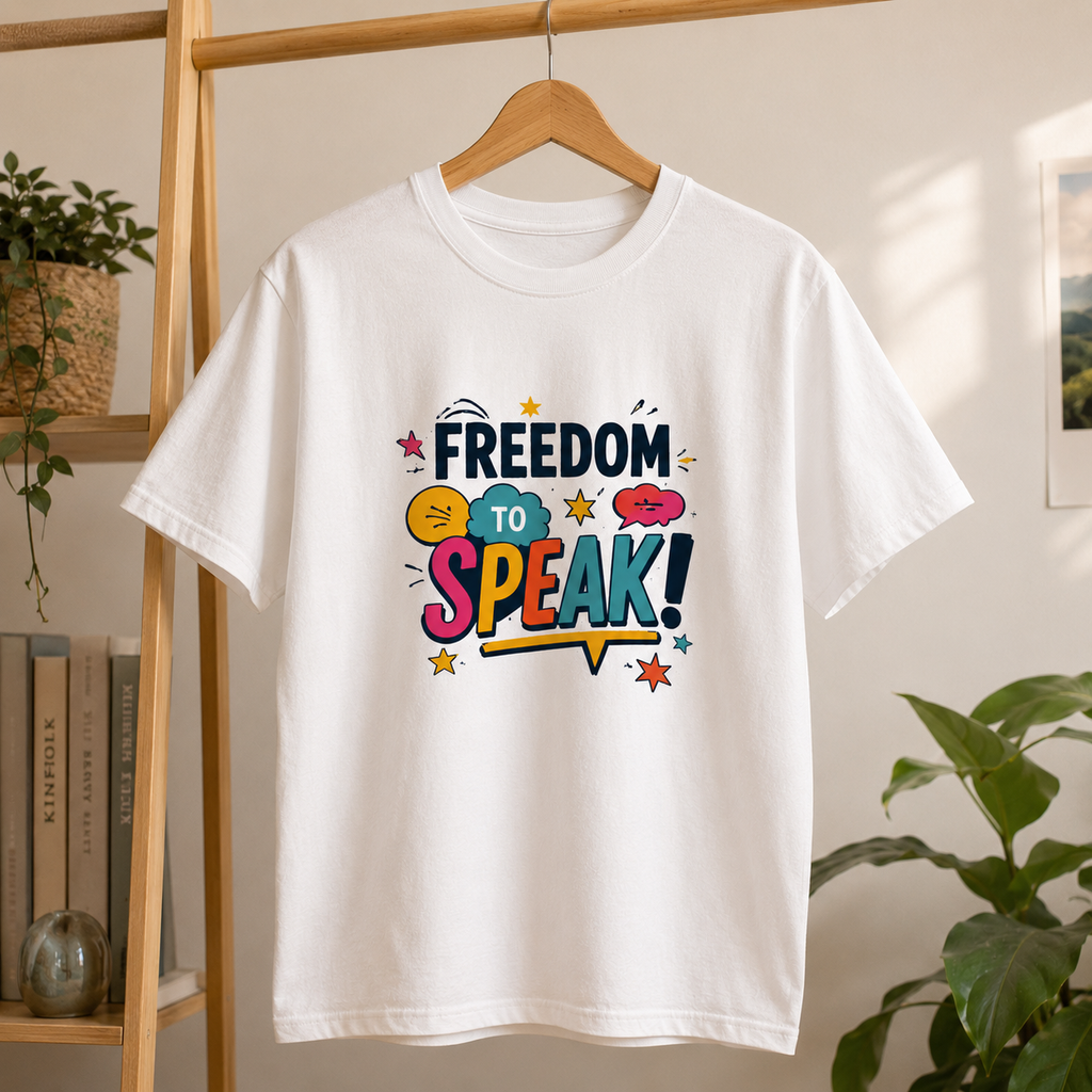 White Freedom To Speak t-shirt on a wooden hanger, styled with a shelf, books and a plant.