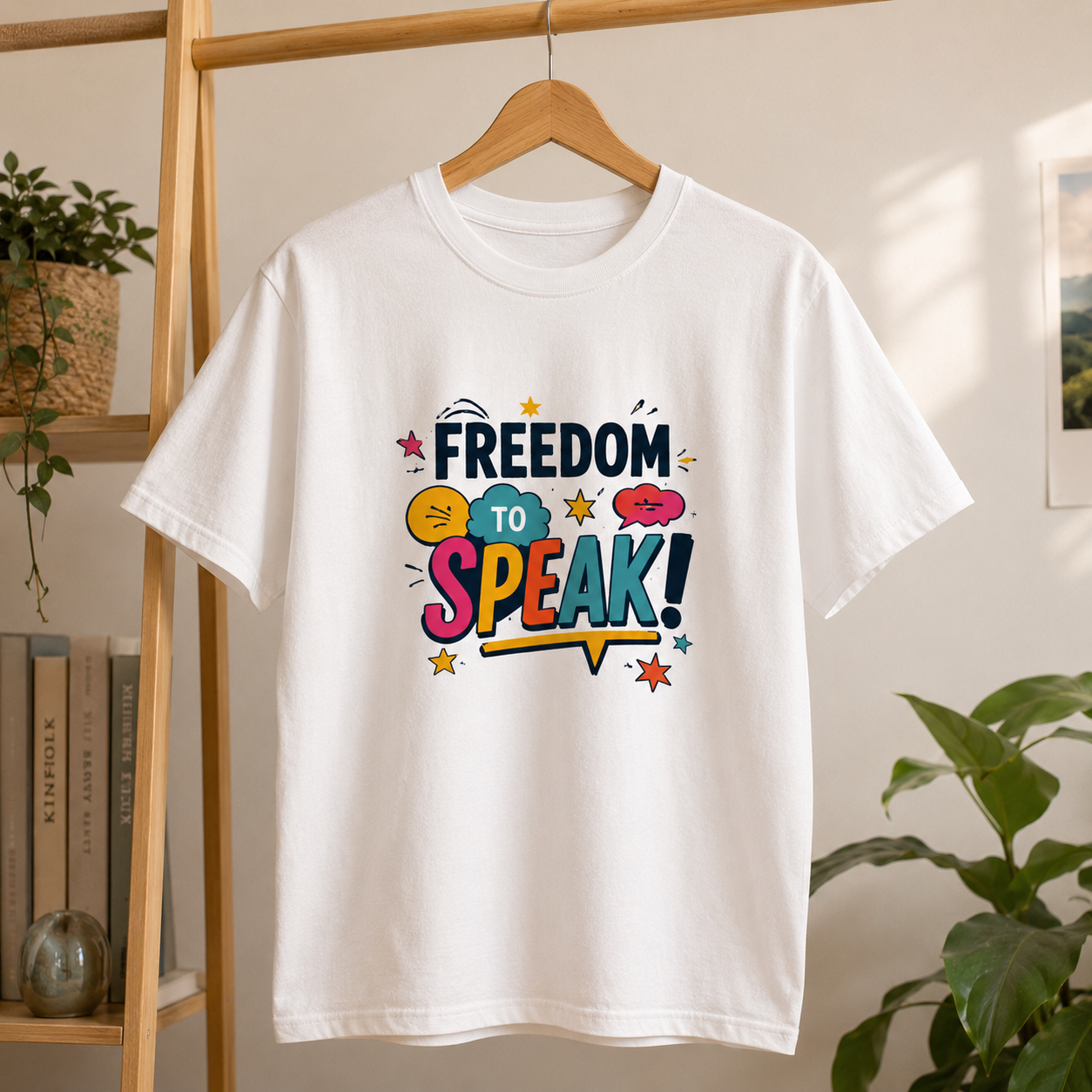 White Freedom To Speak t-shirt on a wooden hanger, styled with a shelf, books and a plant.