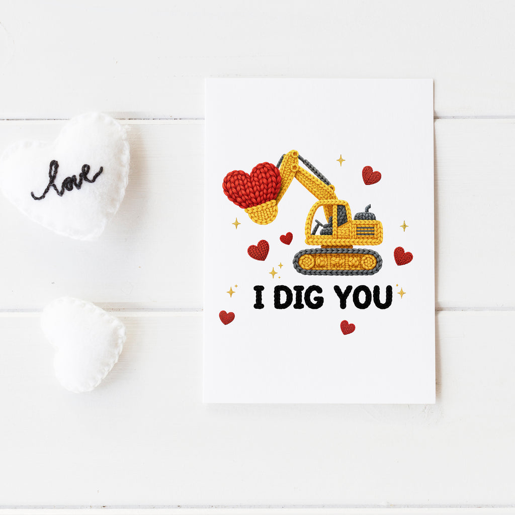 Quirky romantic greeting card with digger illustration