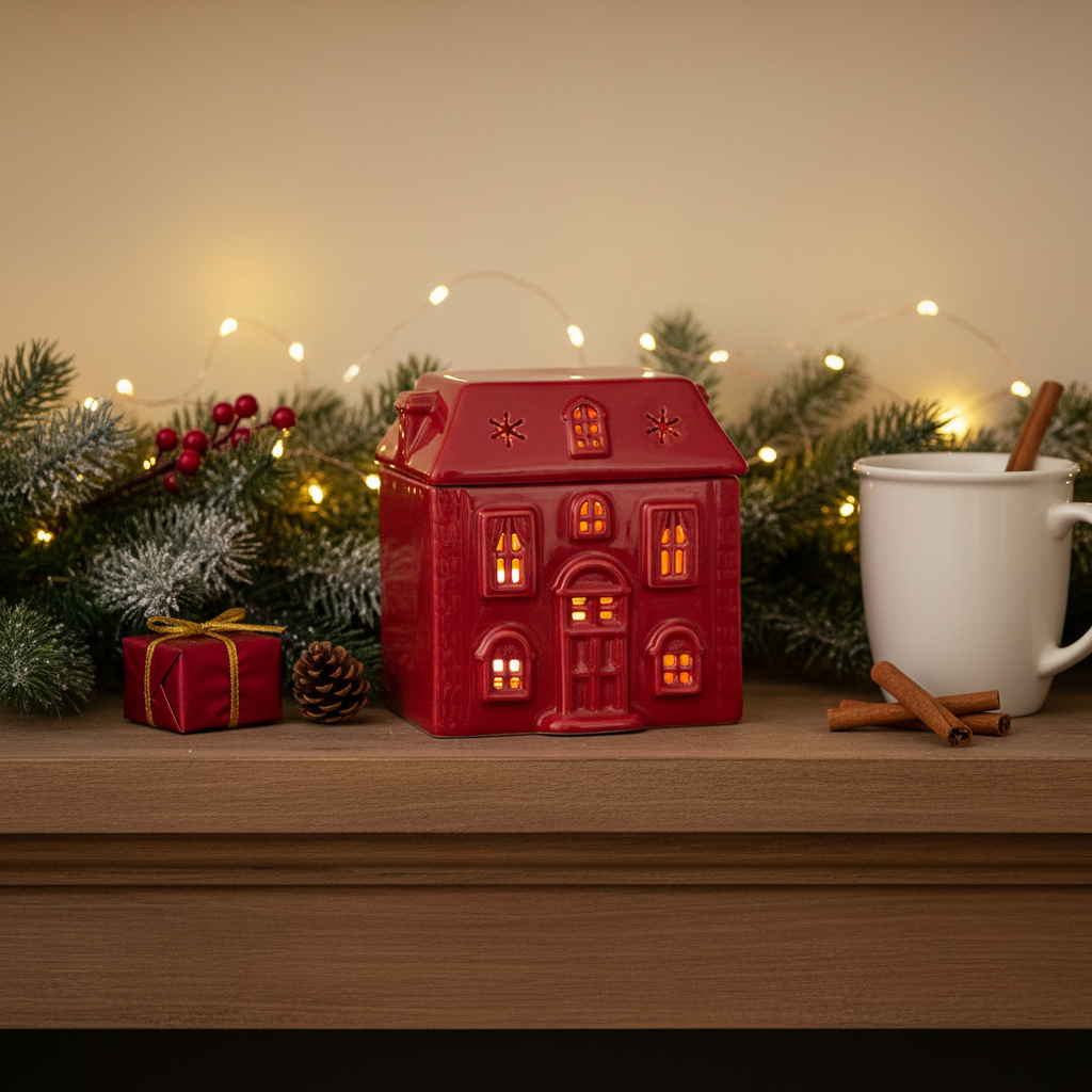 Red house-shaped candle with lights, mug, cinnamon sticks, and Christmas decorations on a wooden surface.
