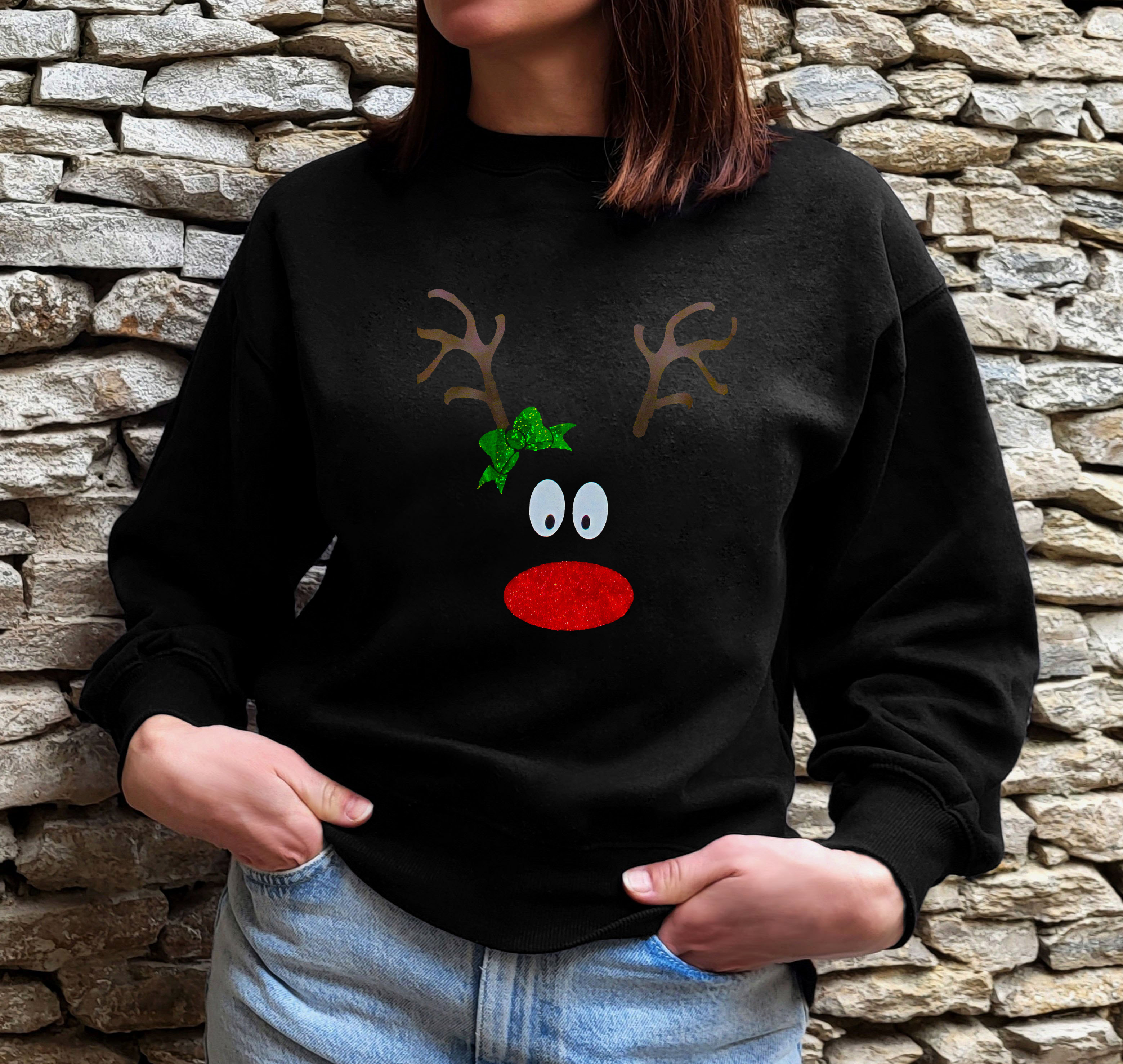 Reindeer face Christmas jumper black festive sweatshirt