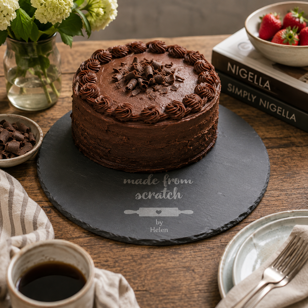 Round personalised slate serving plate with engraved baking-themed wording and custom name.