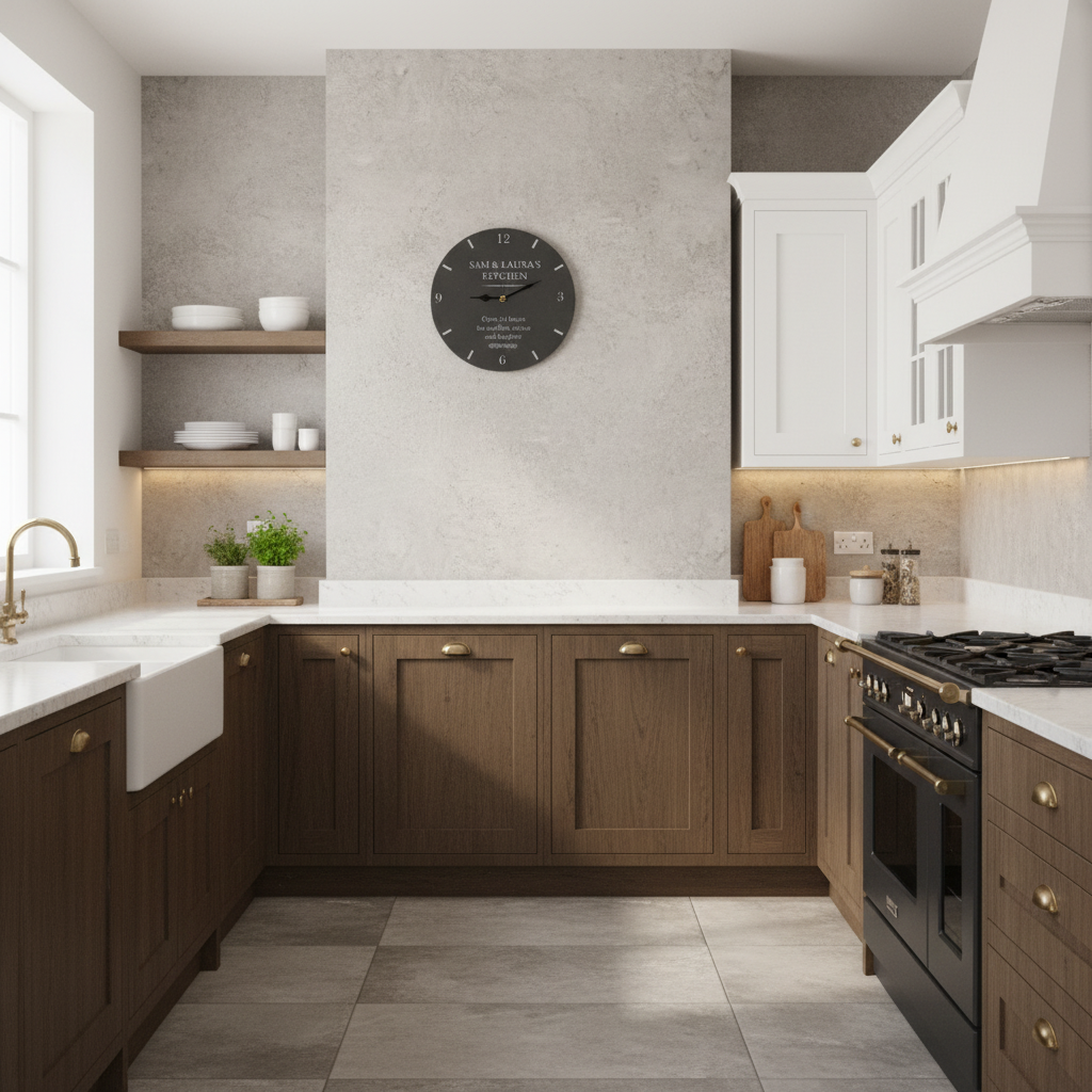 Modern kitchen with wooden cabinets, white countertops, and a clock on the wall.