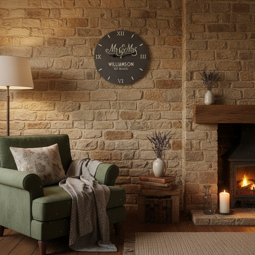 Cozy living room with a green armchair, stone wall, and fireplace.