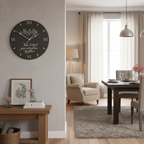 Living room with a clock on the wall, a table, and a chair.