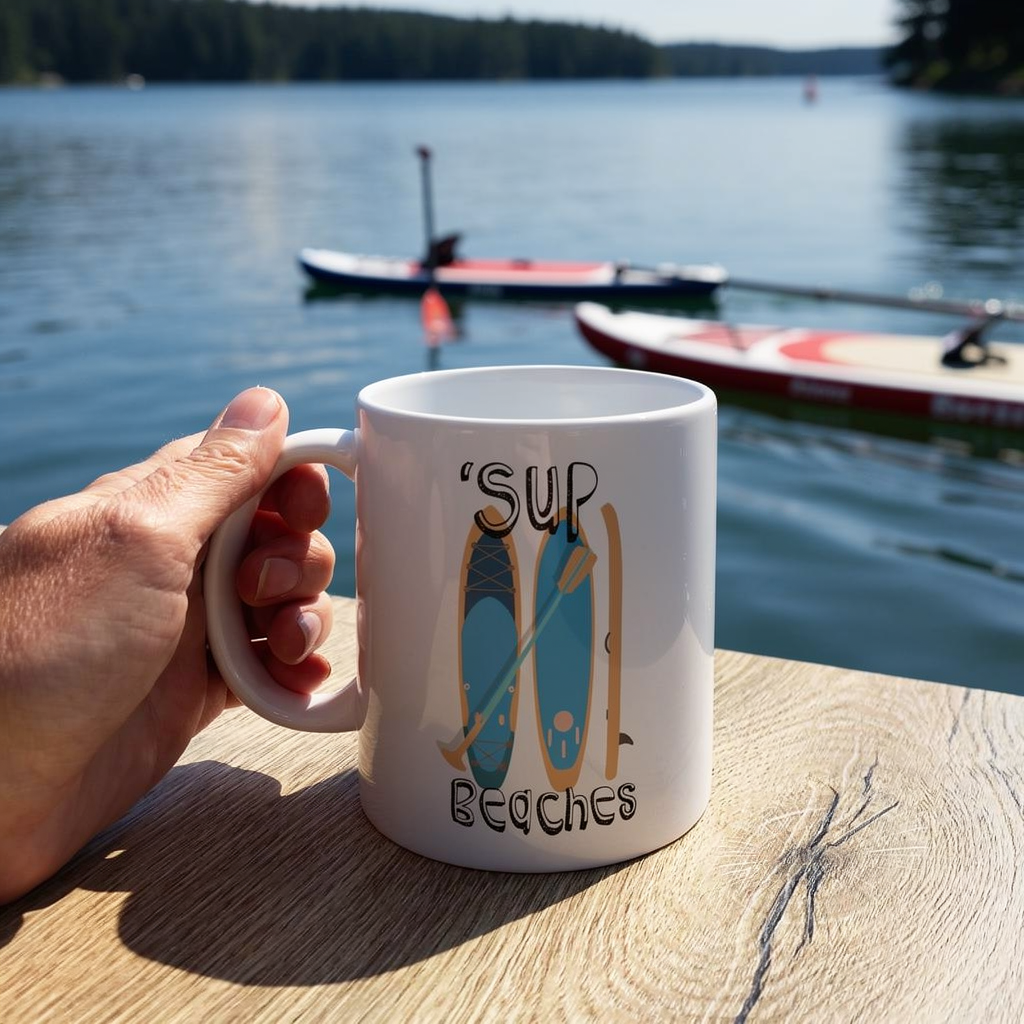 Person holding a mug with 'Sup Beaches' design by a lake with paddleboards.