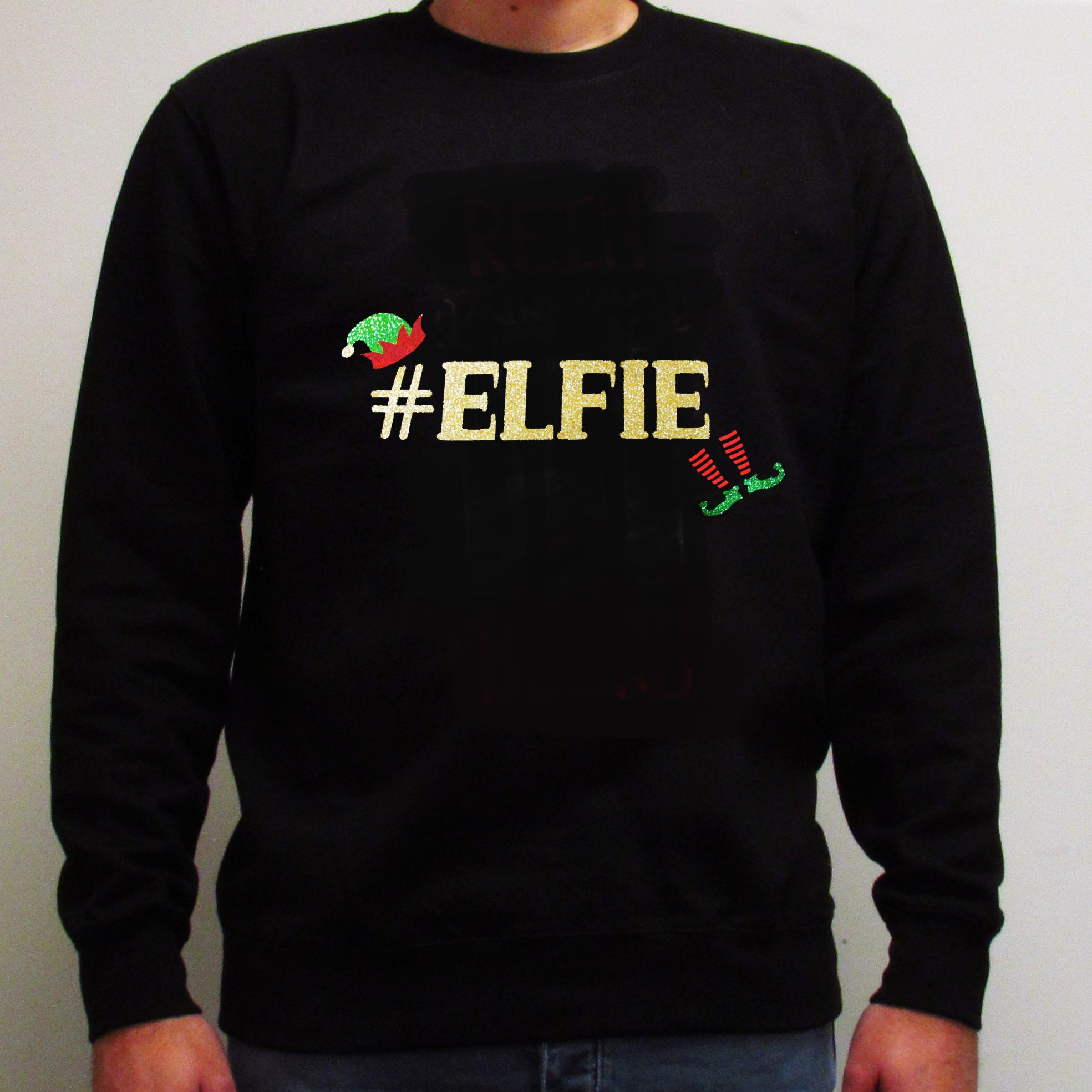 Soft black Christmas sweatshirt with glitter design for festive occasions