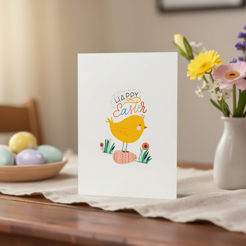 Happy Easter card with a yellow chick design on a table with Easter eggs and flowers.