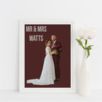 Customised wedding couple cartoon illustration with vivid colours and unique background.