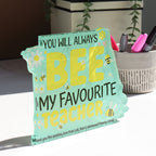 Personalised teacher appreciation gift, compact desk stand with cheerful bee design.