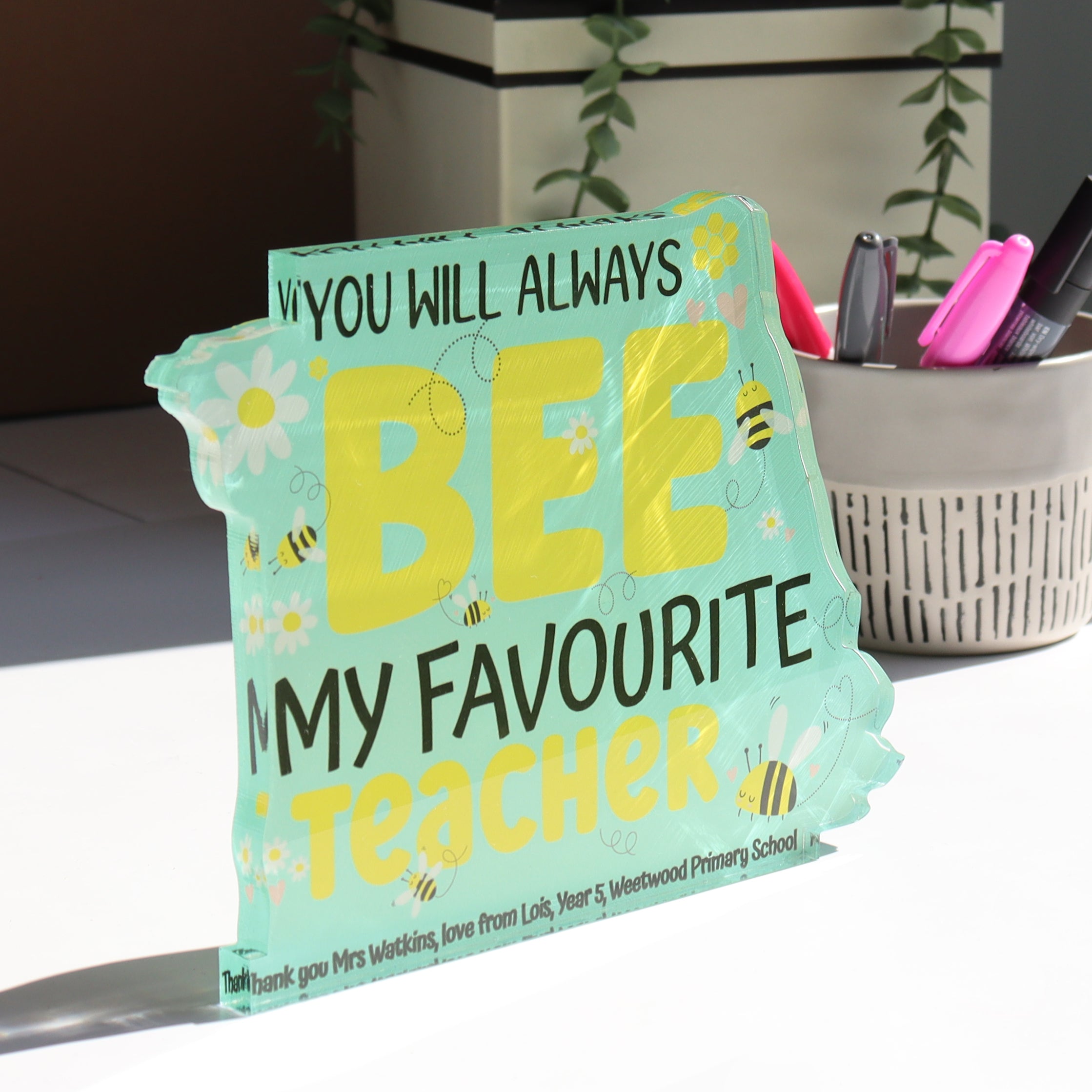 Personalised teacher appreciation gift, compact desk stand with cheerful bee design.