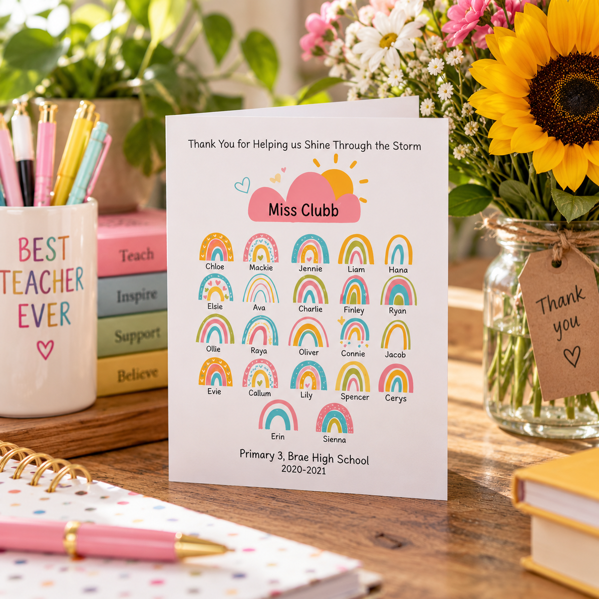 Personalised Rainbow Thank You Teacher Card