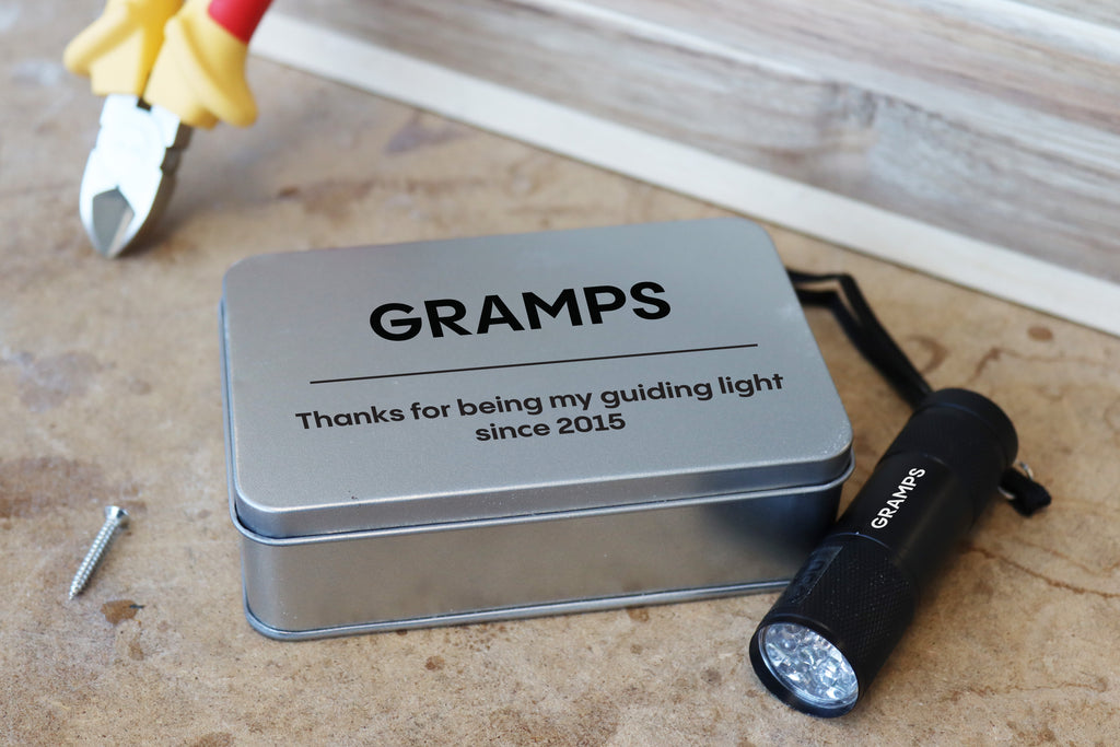 Personalised LED Torch Gift Set - Custom Engraved Tin for Dad and ...