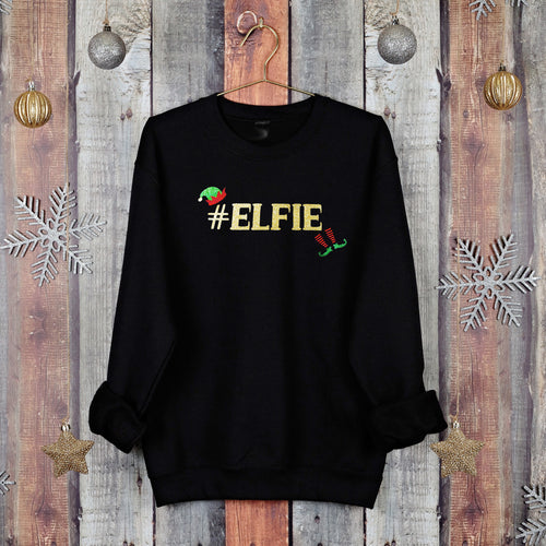 Unisex black Christmas sweatshirt with glittery #Elfie elf design