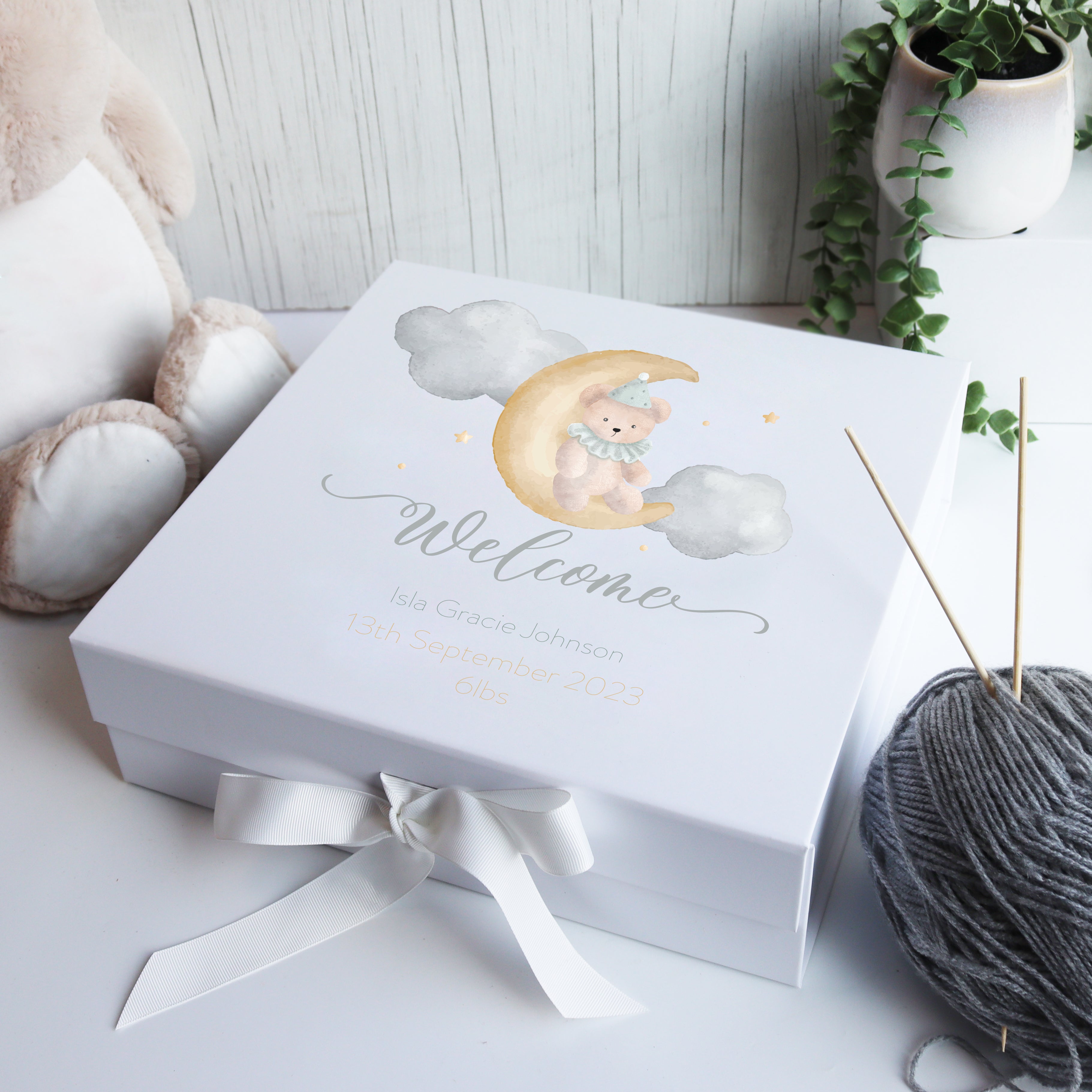 Elegant personalised baby keepsake box featuring a soft watercolour balloon design, made for storing newborn memories and special mementos