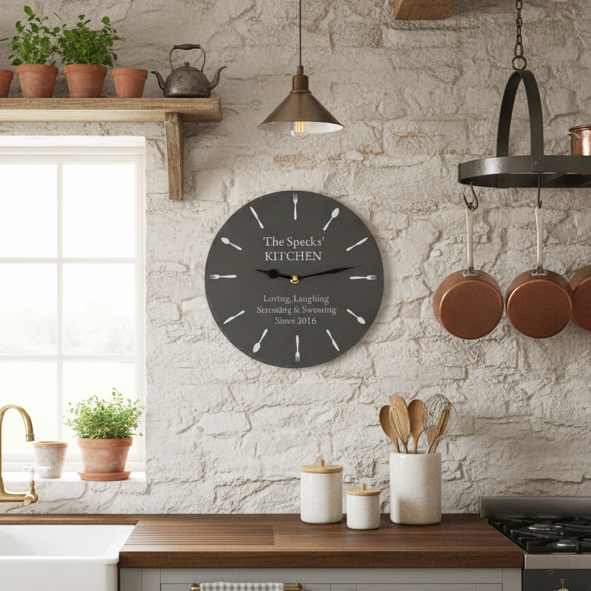 Personalised Engraved Slate Kitchen Clock - Knife & Fork