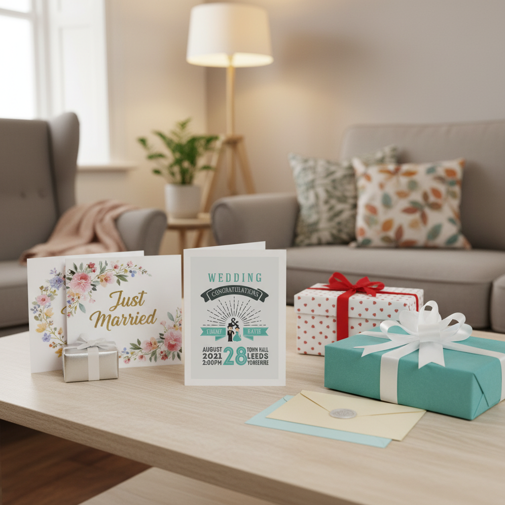 Decorative cards and gift boxes on a coffee table in a living room setting