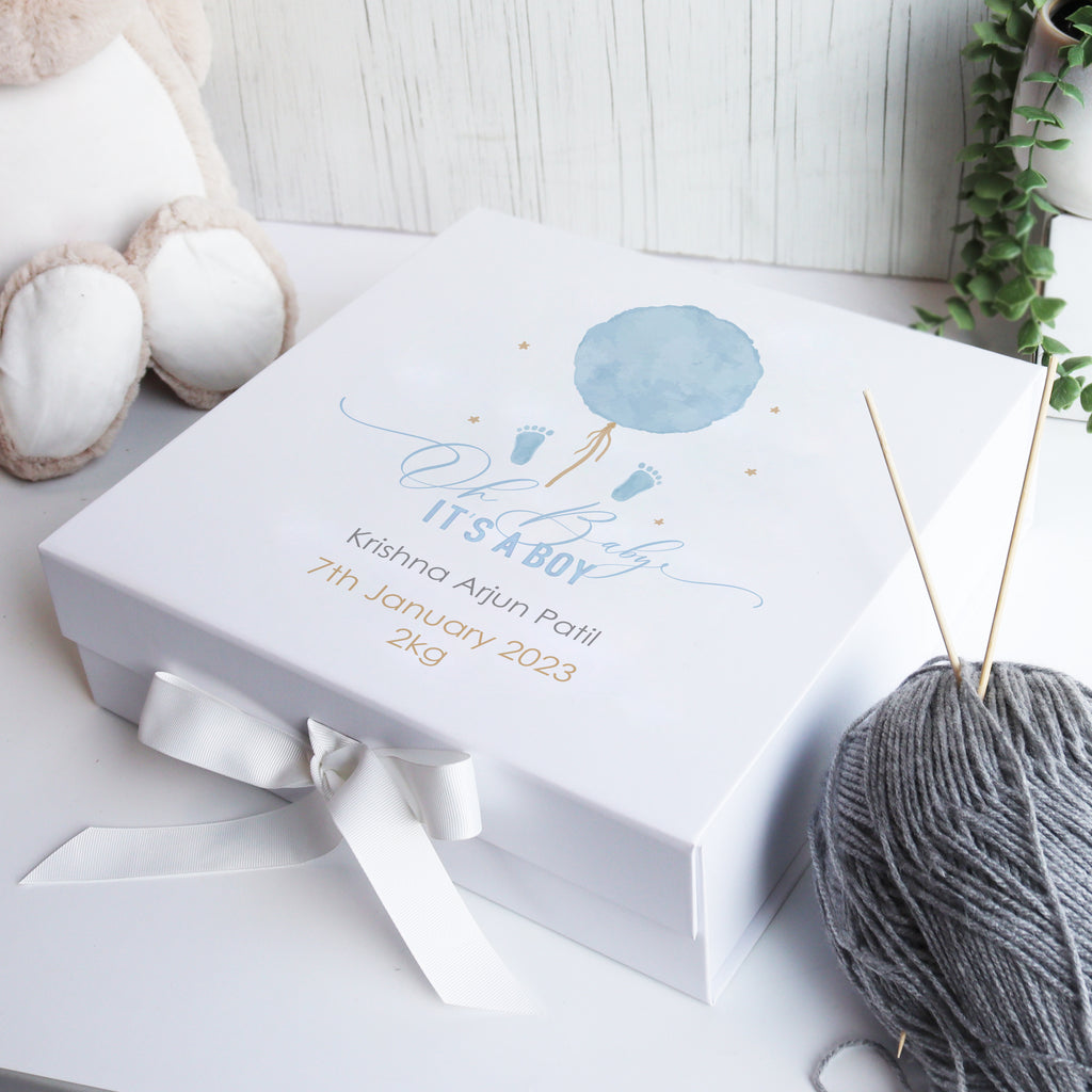 Handmade luxury baby gift box with watercolour balloon design, ideal for personalised newborn presents
