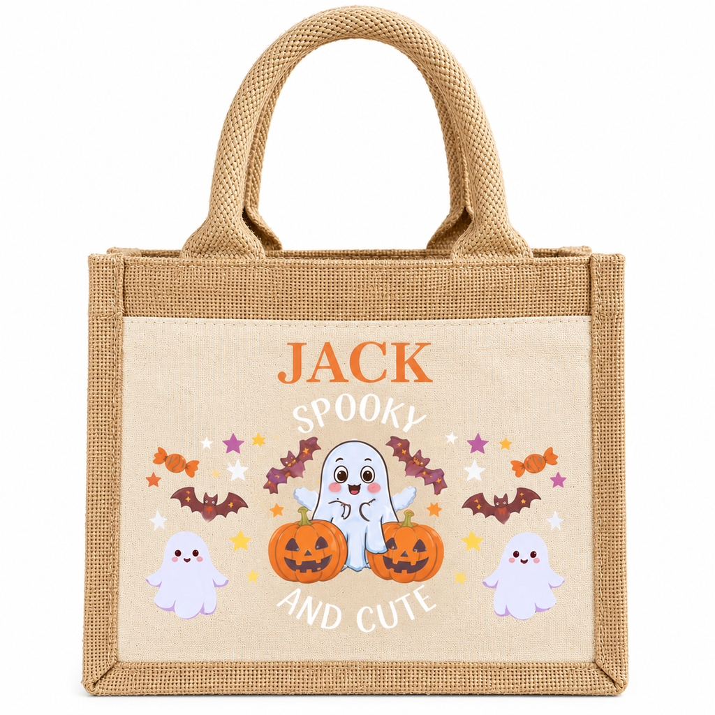 Personalised jute trick or treat bag with the name 'Jack', printed with ghosts, pumpkins and bats, on a plain background.