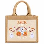 Personalised jute trick or treat bag with the name 'Jack', printed with ghosts, pumpkins and bats, on a plain background.