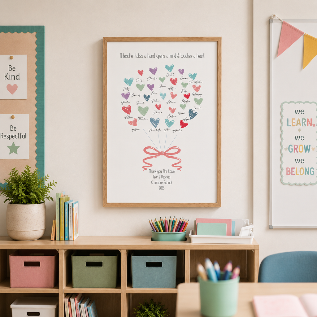 Personalised thank you teacher heart print with pupils' names
