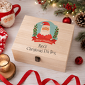 Personalised Santa Christmas Eve wooden box with cute reindeer design, styled with festive decorations