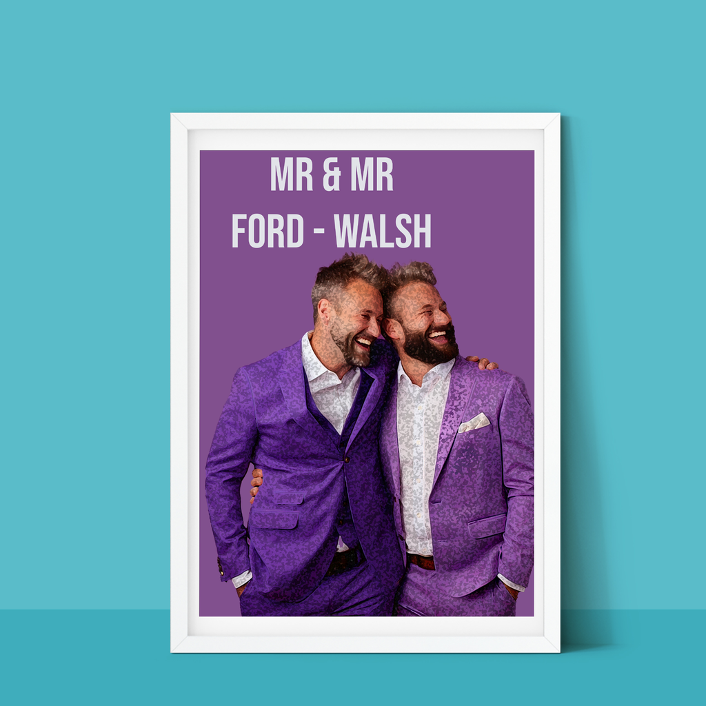 Personalised wedding keepsake print with stylised couple illustration and vibrant colours.