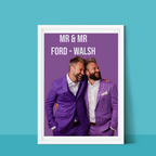 Personalised wedding keepsake print with stylised couple illustration and vibrant colours.