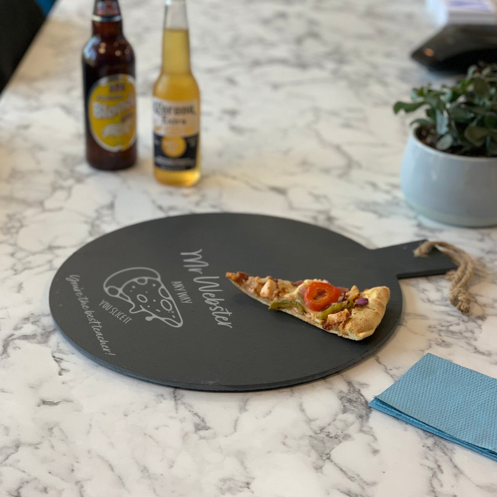Rustic personalised slate pizza board for teacher appreciation or thank you gift.