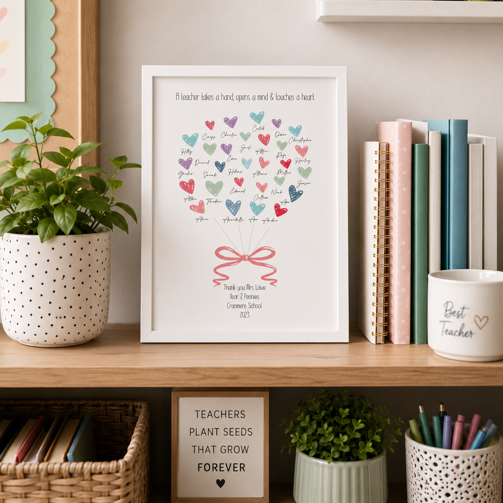 Personalised teacher thank you print with hearts forming a balloon bunch, framed on a shelf