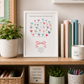 Personalised teacher thank you print with hearts forming a balloon bunch, framed on a shelf
