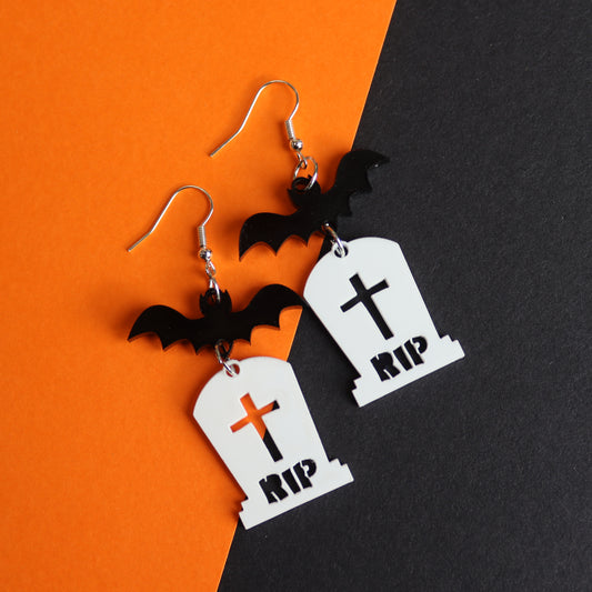 Halloween Bat And Tombstone Earrings