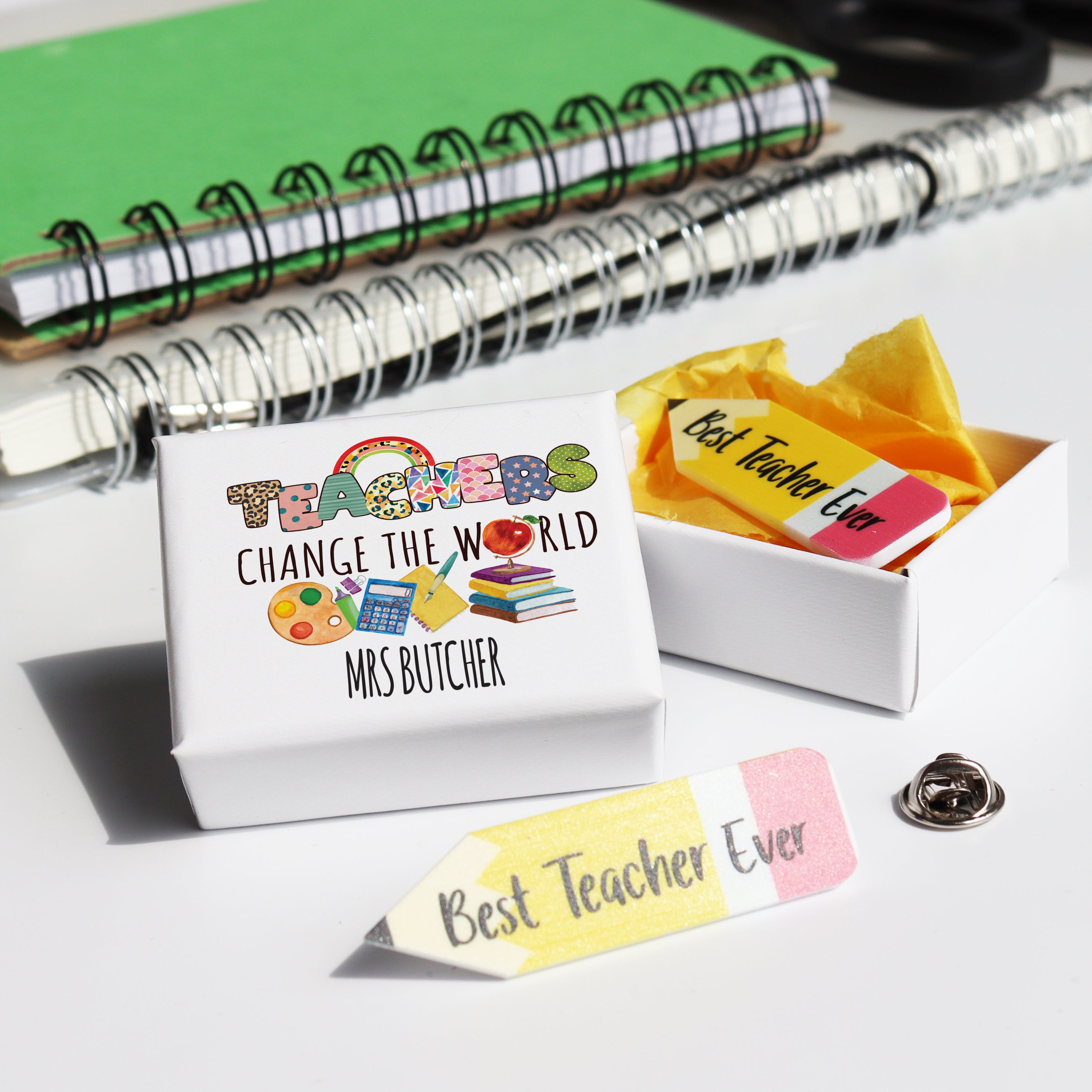 Personalised Best Teacher Ever pin badge in mini matchbox gift.