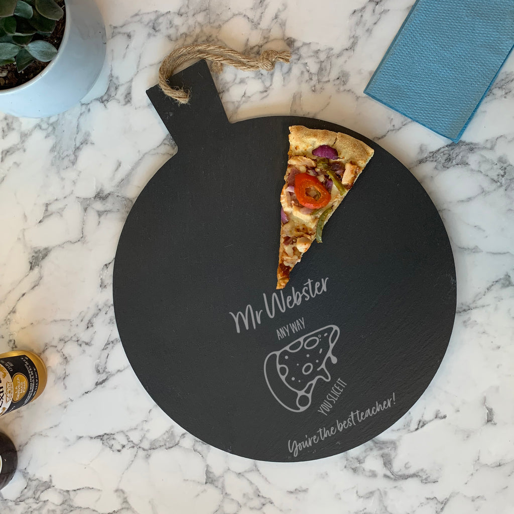 Custom engraved pizza board for teachers, perfect for pizza, cheese, and charcuterie.