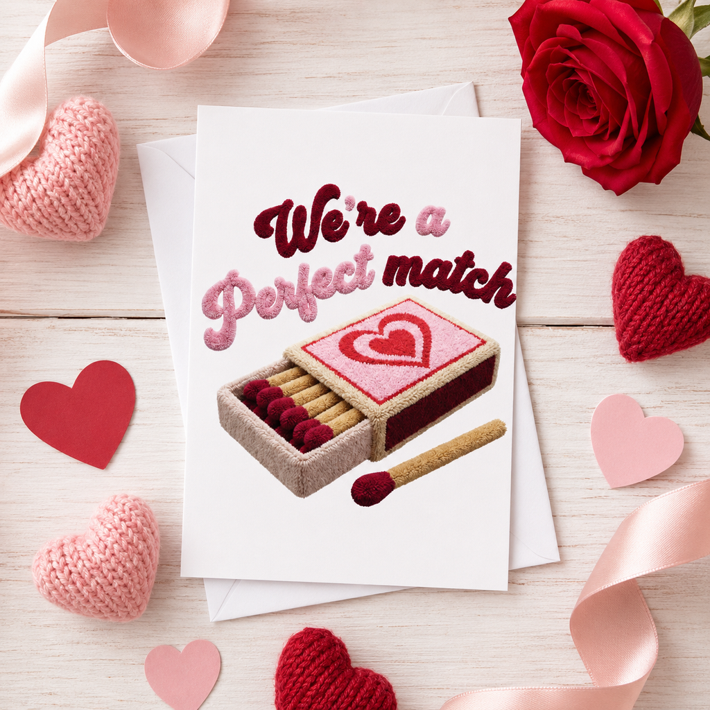 Valentine's card with faux crochet matchbox design and 'We're A Perfect Match'