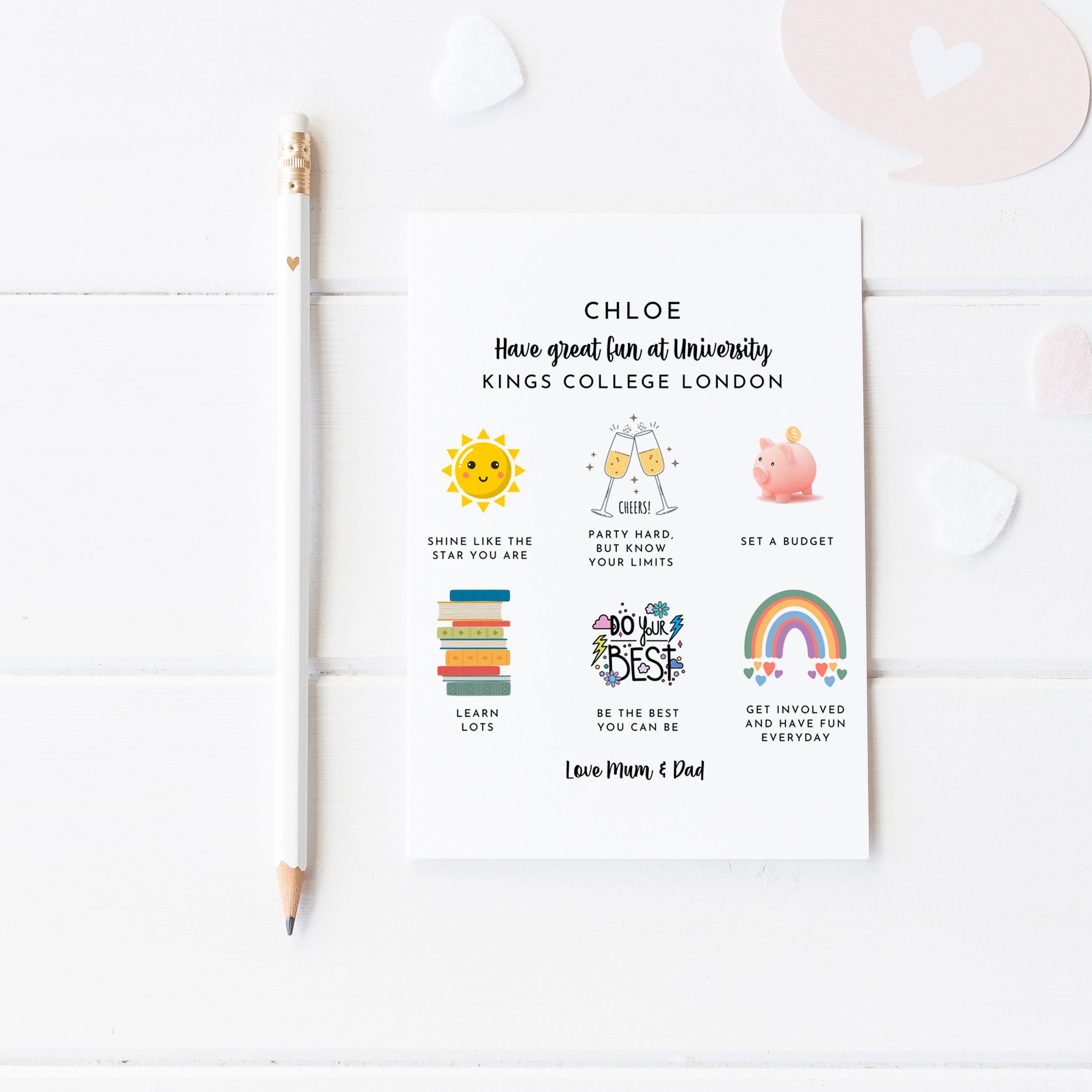 Personalised card celebrating first day at University, ideal gift from parents or friends.