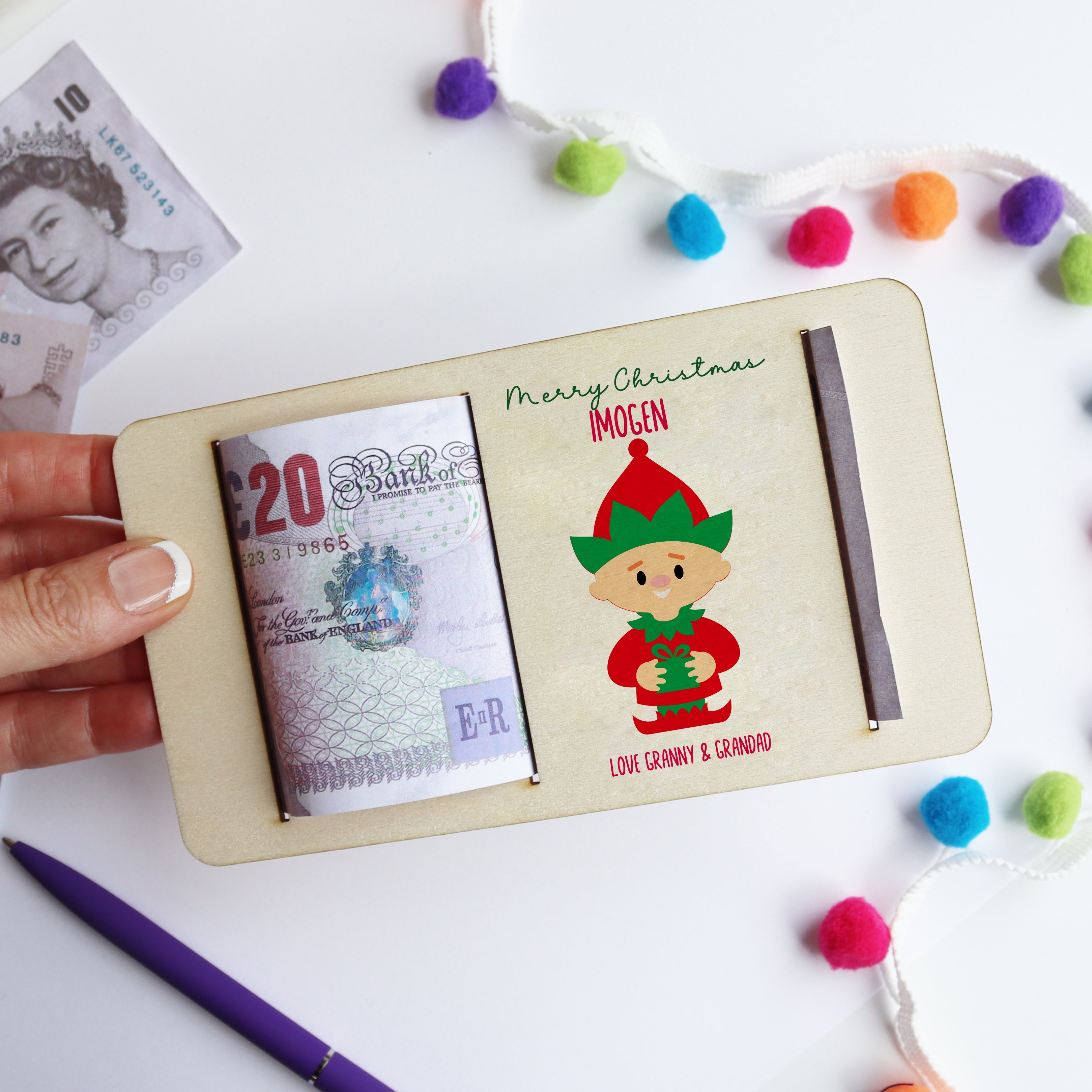 Personalised Christmas Elf Money Gift Holder