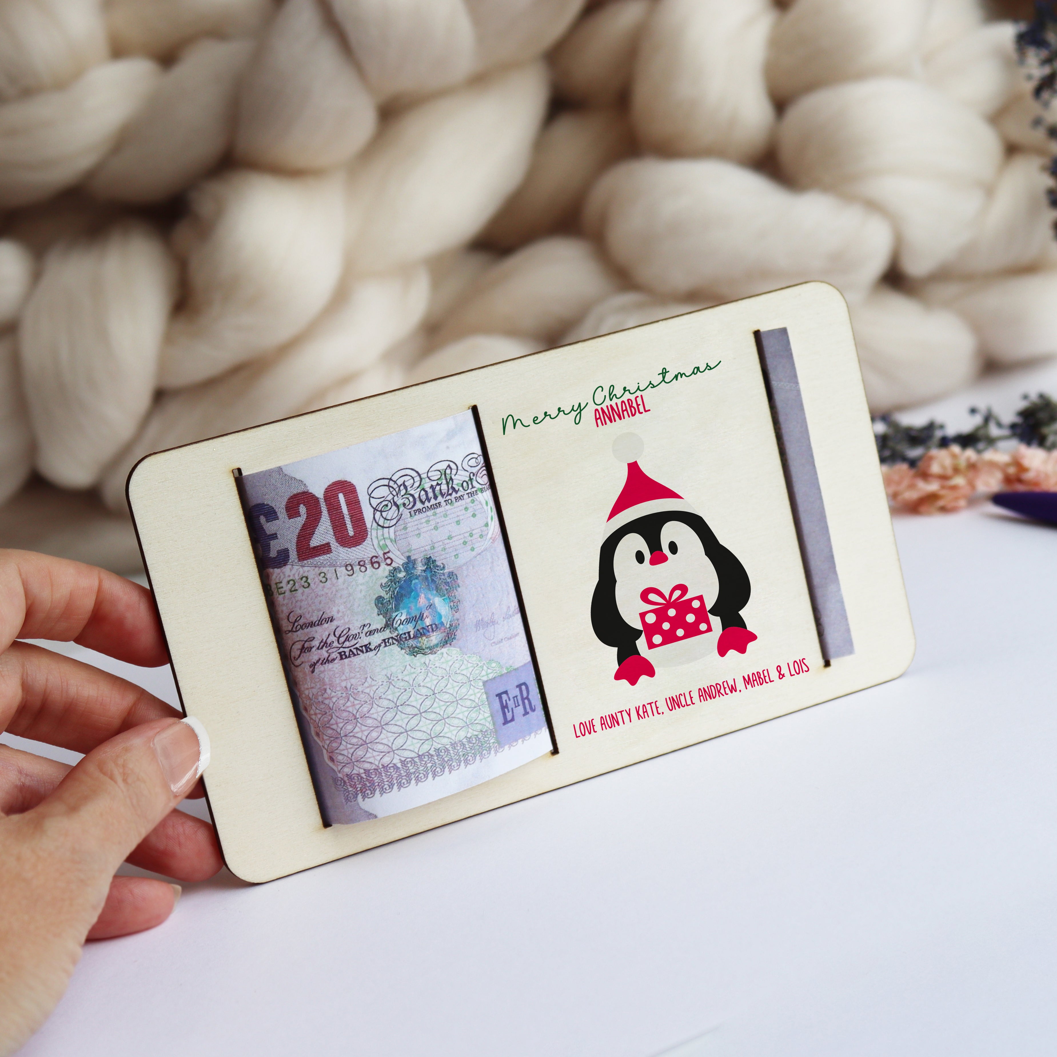 Personalised Christmas Penguin Money Holder