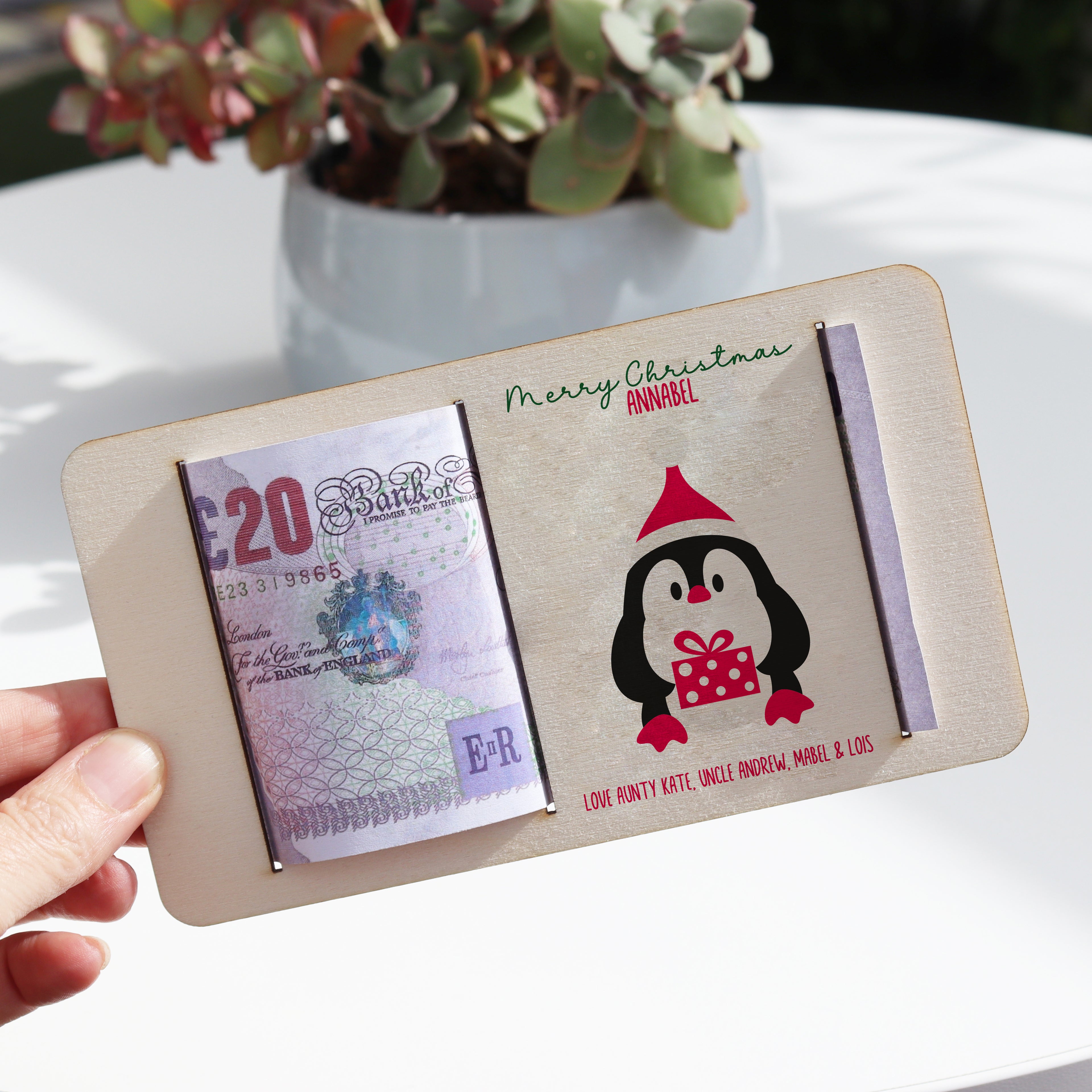 Personalised Christmas Penguin Money Holder